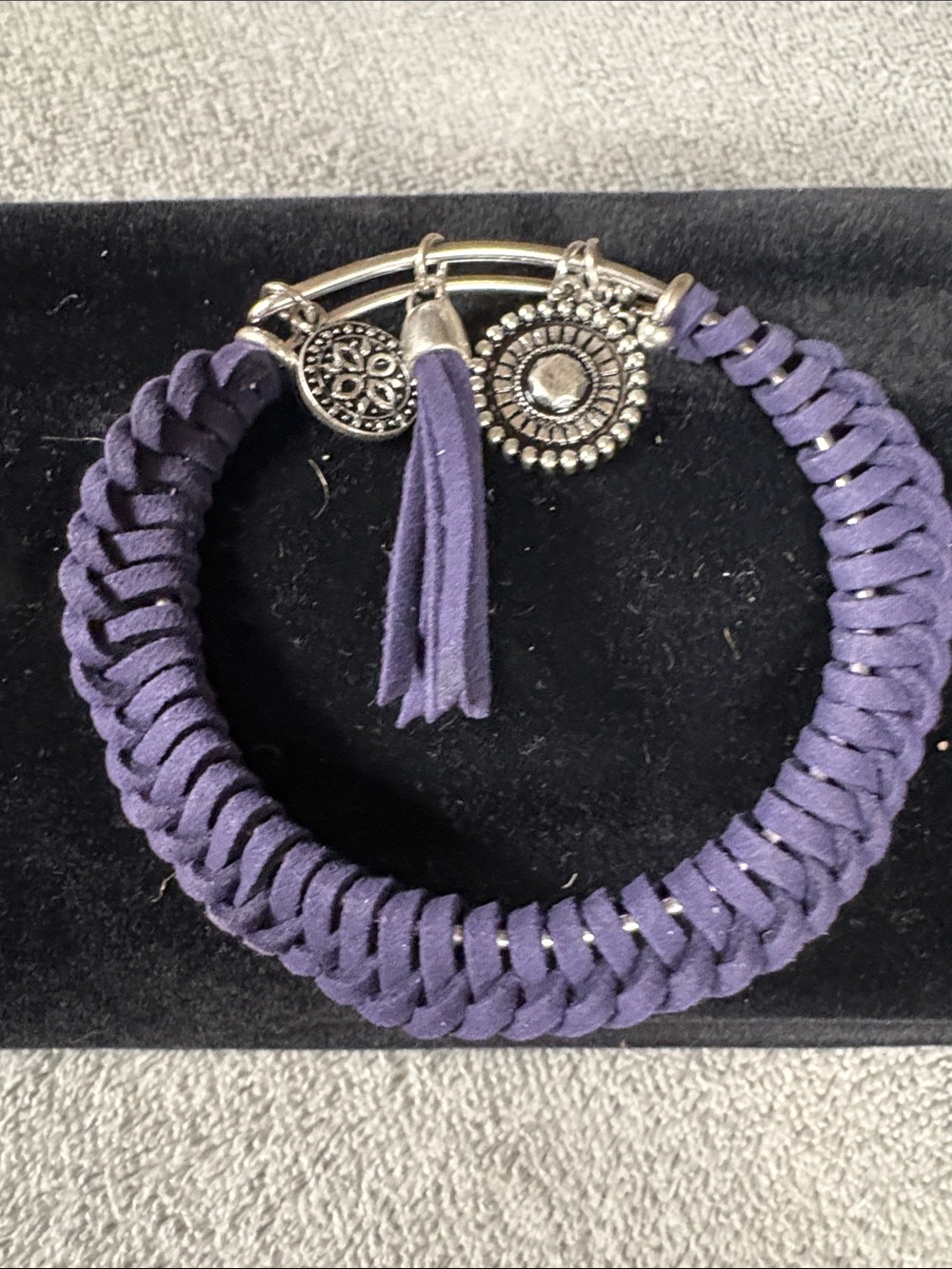 Navy Blue Braided Suede Charm Bangle Bracelet with charms and small tassel